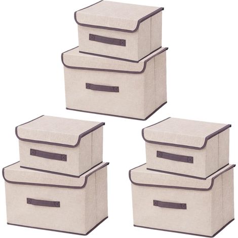 6 Boîte de Rangement avec Couvercle,Sac de Rangement,Pliable Rangement Tissu pliable avec Couvercle, Panier de Rangement,Coffre à Jouets pour Jouets,Vêtements (Beige Blanc, 36 cm+26 cm)