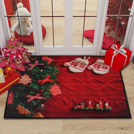 Tapis De Porte De Noël - Tapis D'entrée Antidérapant En Polyester - Motif Sapin Et Étoiles - 45 x 75 cm - 1 Pièce (1/4)