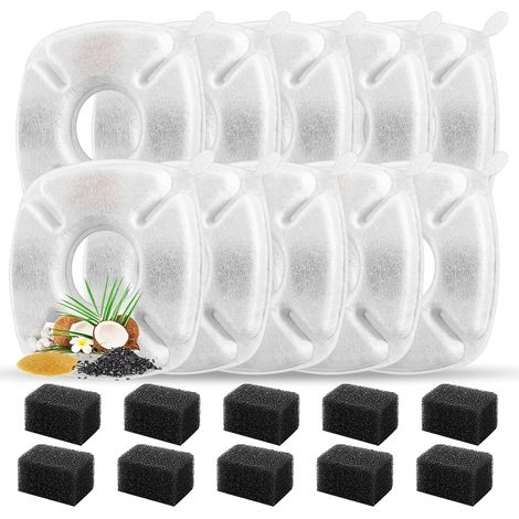Un juego de 10 filtros de repuesto y 10 esponjas de repuesto para bebederos de gatos, aptos para bebederos automáticos de 2,8 litros. (1/5)