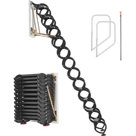 Échelle de grenier murale, support 300 kg, pour plafond de 2,9 à 3 m, escalier pliant en acier 12 marches avec rampes, échelle escamotable pour grenier, garage, toit, sous-sol (1/5)