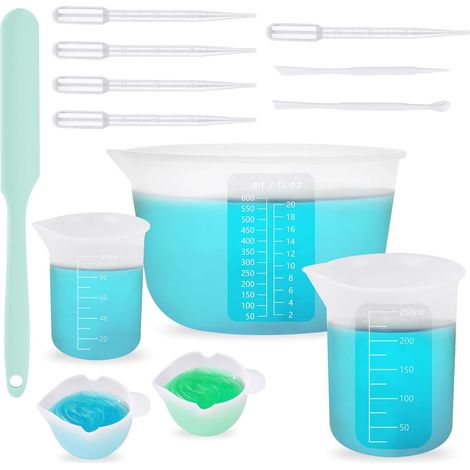 3 Pièces Mesurer en Silicone avec Gradué, 100ml/250ml/600ml Gobelet Doseur en Résine époxy, Réutilisable Verres Doseur Silicone avec Petits Bols de Mélange, Pipettes et Spatule pour, pour Bricolage, M (1/5)