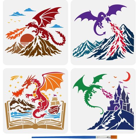 4 Pcs Pochoir Peinture Dragon avec Pinceau 15x15 cm Quatre Dragons Cracheurs de Feu Différents Pochoir Réutilisable Pochoirs Dragons Occidentaux (1/5)