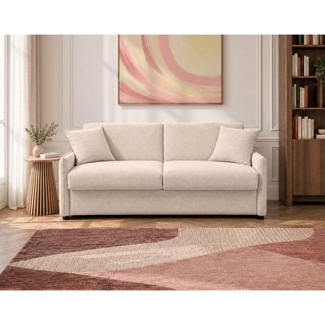 Adele - canapé lit 3 places convertible express couchage quotidien 140x190 cm matelas 14 cm en tissu texturé - beige (1/5)