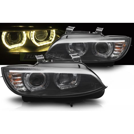 Paire de feux phares BMW serie 3 E92 / E93 de 2006 a 2010 angel eyes LED Yellow 3D DRL Noir-42389157 (1/4)
