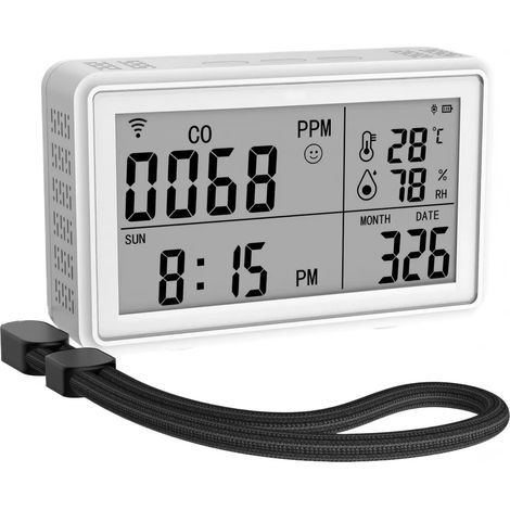 Moniteur de qualité de l'air 3 en 1, détecteur de CO avec alarme, thermo-hygromètre, contrôle Wi-Fi, compact et portable, moniteur de climat ambiant, affichage de l'heure et de la date (1/5)