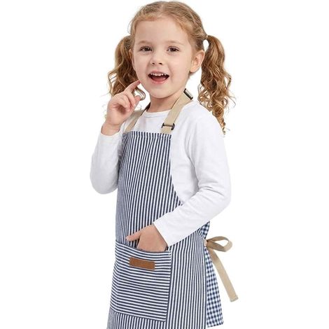 Tablier Peinture Enfant, Tablier Cuisine Enfant avec Poche et Boucle Réglable, Tablier Enfant École Maternelle pour Activités Artistiques, Cuisine et Bricolage, Rayures Bleues et Blanches (1/5)