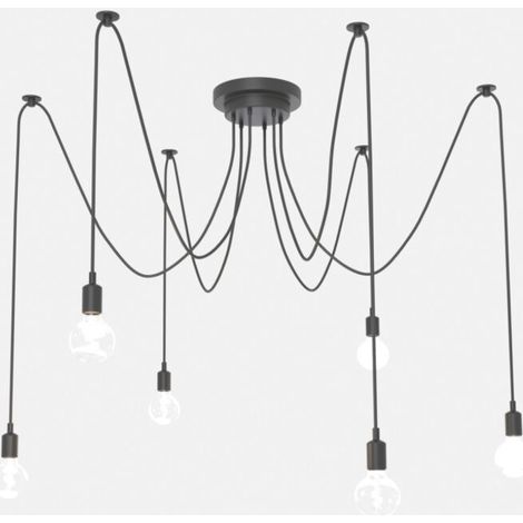 Suspension noire pour 6 ampoules E27 – Longueur 1300 mm – Pavillon métallique et câbles PVC – Style vintage noir (1/5)