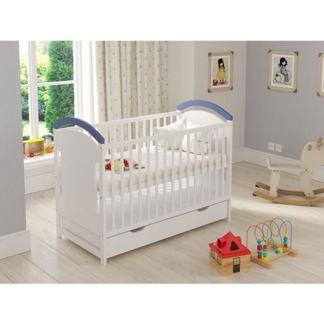 Lit d'enfant,lit bebe bleu-blanc 120x60cm avec tiroir et barrière de sécurité (1/4)