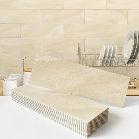 Carreaux de cuisine à décoller et à coller, autocollants muraux en marbre pour dosseret de métro individuels, 9,9 x 30 cm, 16 carreaux beige (1/5)