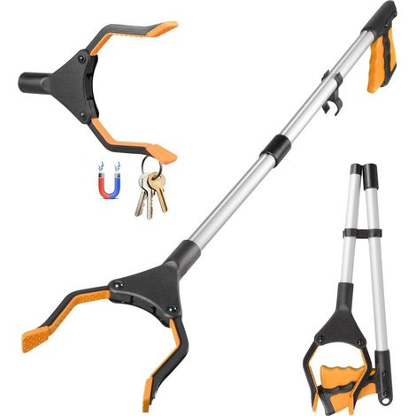 Pince à déchets télescopique en aluminium de 84 cm avec tête rotative à 360°, poignée ergonomique et embout magnétique, pour la collecte des déchets (orange) (1/5)