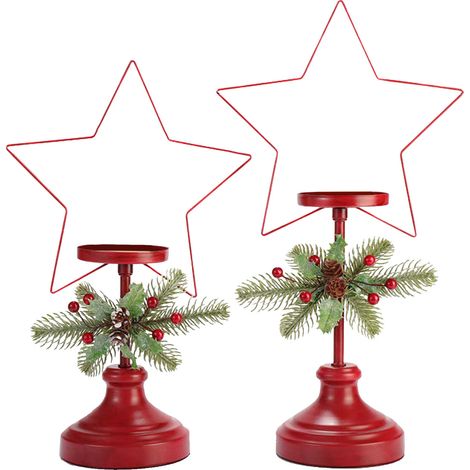 (Motif étoile à cinq branches) Bougeoir de Noël rouge de bureau, décoration de Noël en fer forgé, baies rouges artificielles, pommes de pin, couronne de bougies à faire soi-même (1/2)