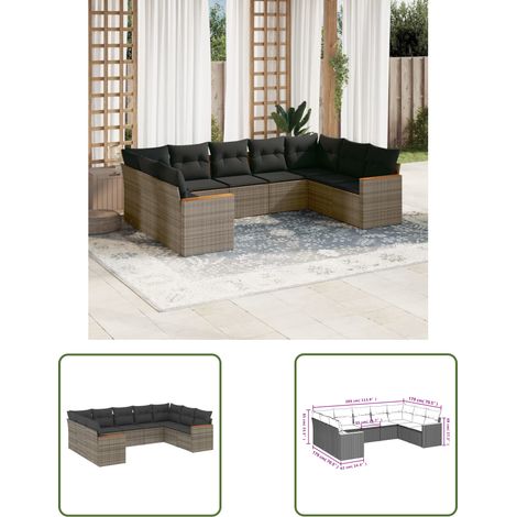The Living Store 9-tlg. Garten-Sofagarnitur mit Kissen Grau Poly Rattan - Gartenmöbel - Outdoor Möbel - Rattan Sofa - Lounge Set - Esszimmergarnitur (1/3)