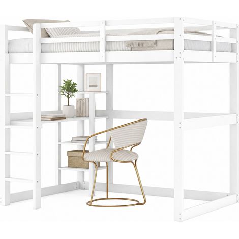 Letto a soppalco 140x200 cm in pino con scrivania integrata, 4 vani portaoggetti e finitura bianco antico, soluzione salvaspazio per studio e camera da letto - CHICFURN (1/5)