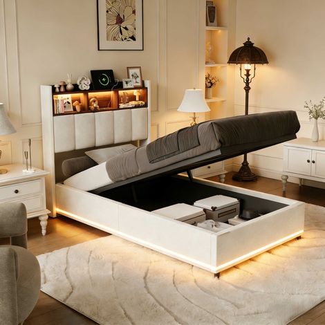 Camas individuales  90x200 cm con compartimentos de almacenamiento laterales - almacenamiento hidráulico - tira luminosa lateral - iluminación LED regulable, carga USB/Type-C