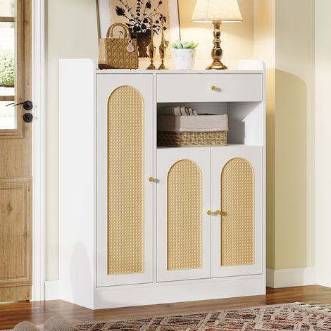 Zapatero de MDF blanco y natural con 3 puertas de ratán, 1 cajón y baldas regulables 90x35x110 cm (1/5)