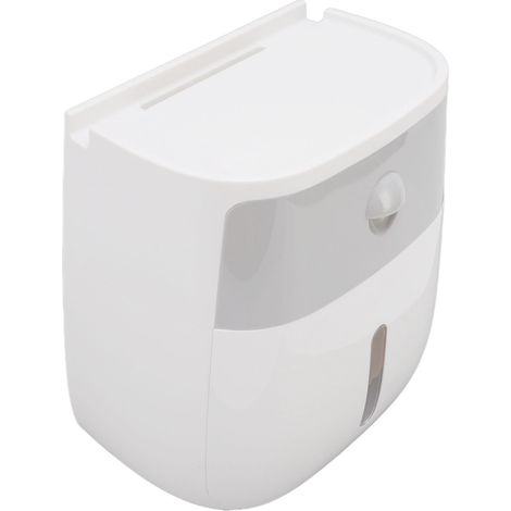 Distributeur de papier toilette mural étanche, boîte de rangement pour rouleau de papier toilette avec bouton-poussoir, gris et blanc. (1/5)