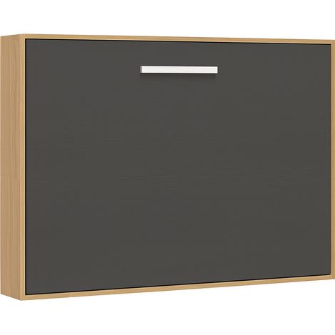 Lit escamotable horizontal OPTIMA - Sommier à lattes - Poignée acier blanc 36cm Sans matelas Chêne clair-120x180-Cadre Chêne clair-Façade Anthracite (1/5)