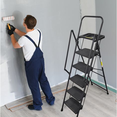 Escalera plegable de 5 peldaños con bandeja para herramientas, pasamanos, negro OKMYHOME (1/5)