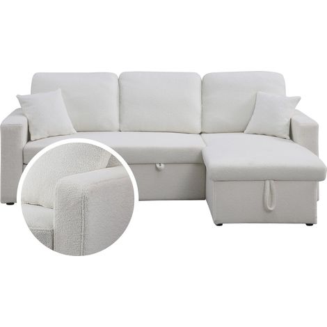 Habitat Et Jardin – Canapé d'angle convertible 3 places – Bouclette blanc – Dimensions 221 x 145 x 85 cm – Couchage 192 x 137 cm – Méridienne réversible