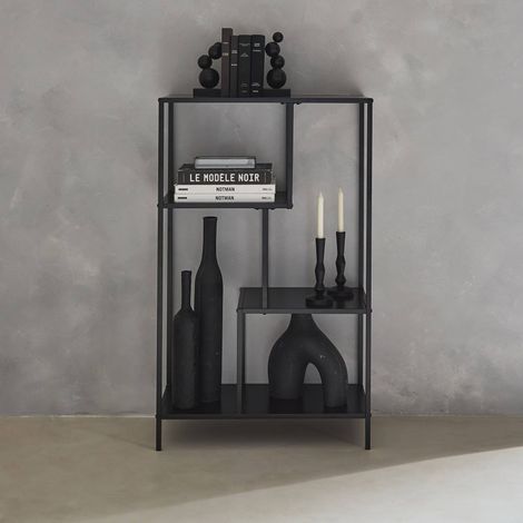 Etagère bibliothèque noir en métal noir asymétrique 4 niveaux INDUSTRIELLE L 69 x P 33 x H 113.5cm (1/2)