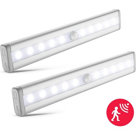 lot de 2 veilleuses LED avec détecteur de mouvement, éclairage armoire placard vitrine, réglette LED, auto-adhésif, alimentation par piles AAA (non fournies), finition aluminium (1/5)