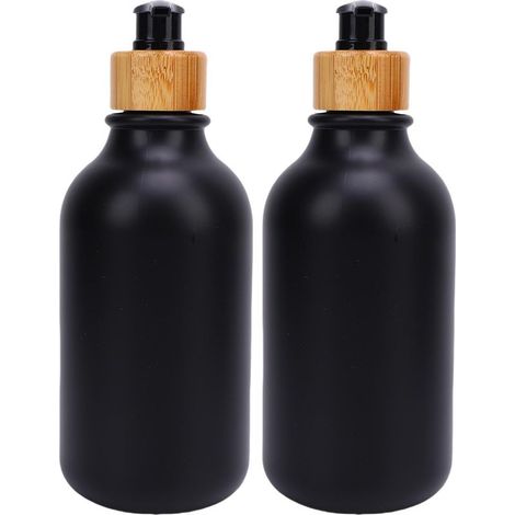 Distributeur de Savon 2 Pièces - Lot de 2 Flacons Rechargeables 500ml PET avec Pompe Bois pour Liquide Vaisselle, Shampoing et Lotion, Noir (1/5)