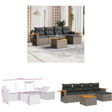 6-tlg. Garten-Sofagarnitur mit Kissen Grau Poly Rattan - Gartenmöbel Set - PE-Rattan Möbel - Outdoor Sofa - Lounge Set - Esszimmergarnitur - Home & Living