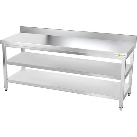 Table de travail en inox 2000 x 600 mm adossée avec 2 étagères PREMIUM - GOLDINOX (1/4)