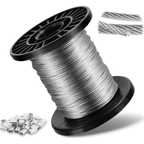 30m Câble métallique, 2mm Câble en acier inoxydable 304, âme de 7×7 brins avec 30 manchons de ser, corde à linge, pour plantes grimpantes, clôture, lumières, suspension (1/5)