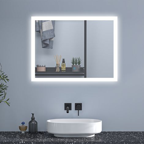 Bathroom Mirror with LED Lights,Shaver Socket and 2 USB Ports Anti Fog Dimmable 3 Colour Touch Vertical Horizontal,700x500mm Type B