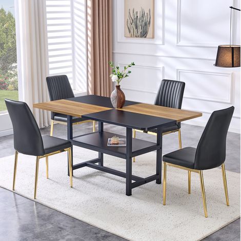 Set da pranzo rettangolare 160x90x76 cm con 4 sedie in PU e ripiano, nero e dorato (1/5)