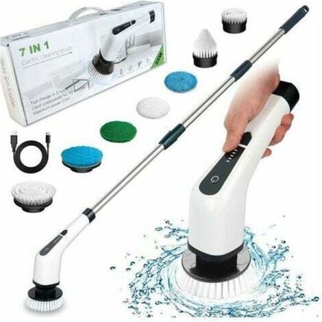 Brosse de Nettoyage électrique sans Fil, Brosse de Nettoyage sans Fil avec 7 têtes de Brosse remplaables, vadrouille électrique avec poignée réglable pour Salle de Bain, Cuisine, Voiture (Blanc, (1/4)