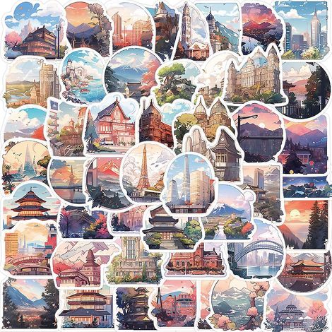 autocollant 50 Pices Paysage Graffiti Stickers Pour Portable Voiture Ordinateur Moto Velo Casque Skateboard Guitare Bouteille D'eau Guitare Dcalco (1/3)