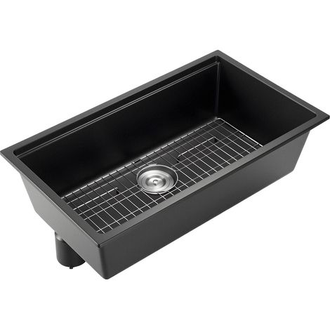 84 cm Einbau-Küchenspüle aus Granit, Einzelbecken mit diversen Zubehörteilen, Landhausspüle für Geschirrspüler, Wohnmobil, Zusatzküche und Bar (schwarz) (1/5)
