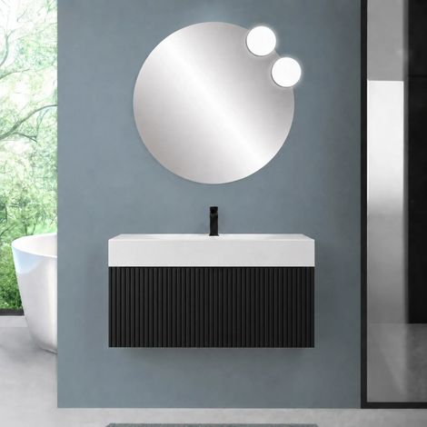 Mobile bagno sospeso 100 cm nero opaco con un cassetto e lavabo alto in resina Nara (1/5)