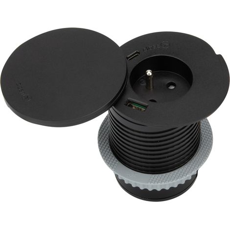 Otio – Prise encastrée 16A avec 2 ports USB et chargeur induction Qi 10W – Installation facile sans outil – Compatible passages de câbles bureau