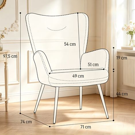 Fauteuil lounge beige avec dossier haut, accoudoirs intégrés et structure en acier, 71x74x97,5 cm (1/5)