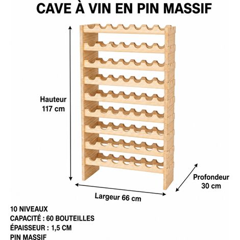 Casier à Vin en Bois Empilable 6630117cm, Étagère à Vin Casier à 60 Bouteilles en Bois de Pin Robuste Modulable, Jusqu'à 20kg(60 Bouteilles,6630117cm) (1/4)