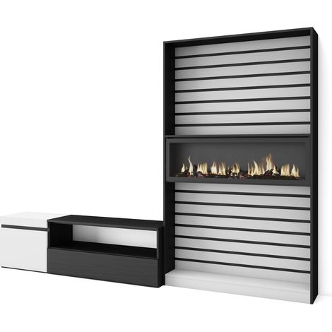 Skraut Home - Ensemble Meuble TV, Meuble Salon Complet, 260x186x35cm, Pour les TV jusqu'à 65", Cheminée électrique, Style moderne, Blanc et noir (1/5)