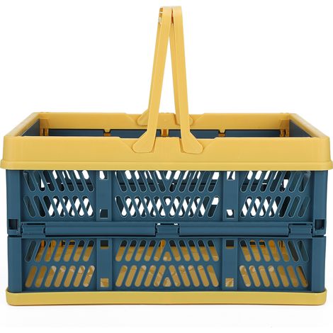 Panier de rangement pliable pour vêtements avec poignée, idéal pour la cuisine et la chambre, bleu et jaune. (1/5)