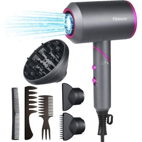 Ionic Professional Hair Dryer, 2000W Foldable Handle Hair Dryer, 3 Adjustable Modes with Overheating Protection, 3 Diffusers, Low Noise for Salon Styling - Grey (1/5)
