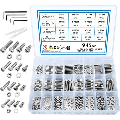 945 pièces, Ensemble de vis M2 M3 M4 M5, vis à tête cylindrique avec hexagone interne, ensemble de vis et écrous, vis de machine en acier inoxydable (945) (1/5)