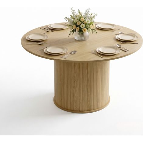 Table à manger ronde 4 à 6 personnes, plateau 120 cm, base cylindrique cannelée, aspect bois clair, pour cuisine et salle à manger  CHICFURN (1/5)