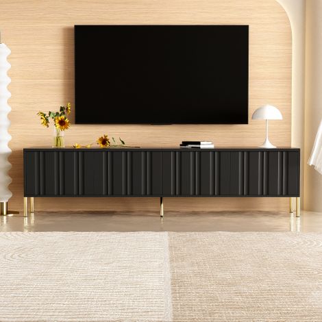 Meuble TV 190cm Noir 4 Portes avec Motif Rayures Verticales, Pieds Dorés 15cm Compatible Robot Aspirateur, 8 Étagères et Charnières Amorties (1/5)