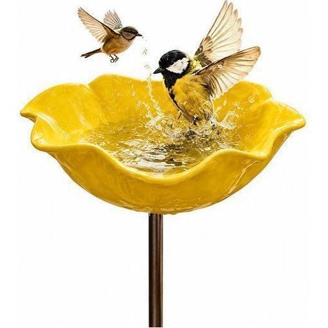 Mangeoires oiseaux fleur jaune – Ø 15 cm, H 65 cm – Bac à eau – Pour jardin