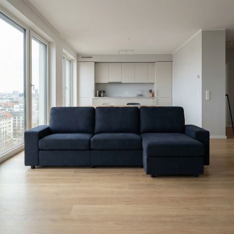 Canapé d'angle 245.5 cm noir, tissu pelucheux, cadre bois+métal, rangement sous siège, orientation configurable (1/5)