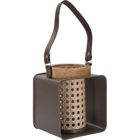 Lanterna in ferro e rattan con manico in cuoio CM 16x13x20