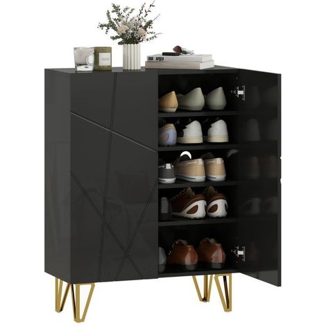 Armoire à chaussures noire à 2 portes, 3 tablettes ajustables. Dimensions 72 × 31,5 × 95 cm, idéale pour le rangement des chaussures
