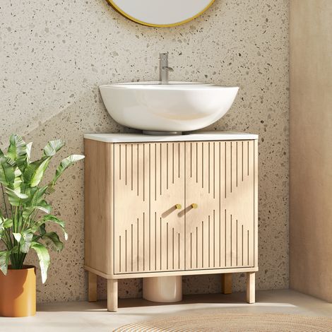 Meuble sous lavabo meuble de salle de bain sous vasque étagère réglable plan de toilette effet marbre 60x30x63cm chêne