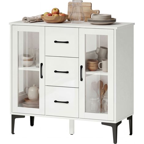 Buffet moderne avec portes à fermeture amortie, 3 tiroirs, 2 portes vitrées, étagères réglables, MDF, blanc